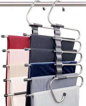 Magic Pants Hangers Space Saving - 2 Pack for Closet Multiple Layers Multifunctional Uses Rack Organizer for Trousers Scarves Slack (2 Pack with 10 Metal Clips)