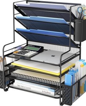 Simple Trending 7 Tier Desk File Organizer, Letter Tray Paper Organizer with Pen Holder and Metal Hanging Basket, Black